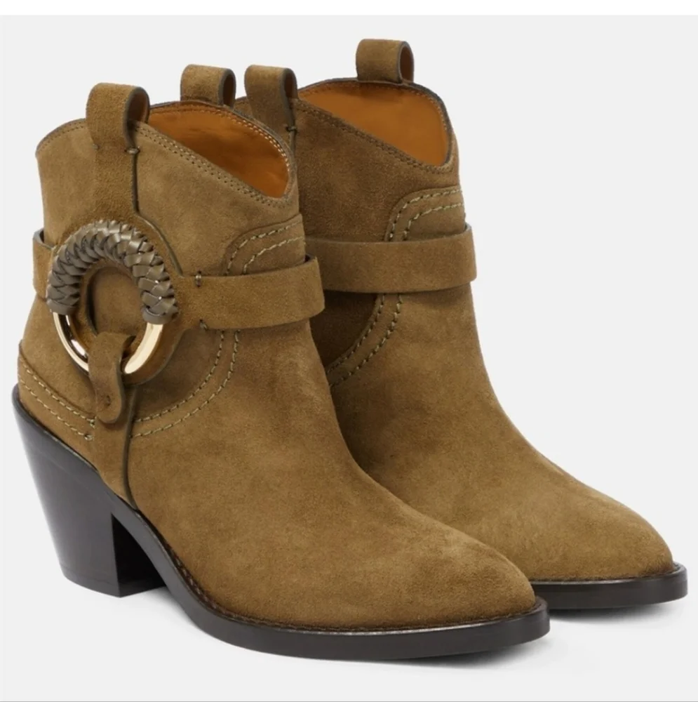 NEW...See By Chloe Olive Calf Suede Cowboy Boots....Size 7.5
